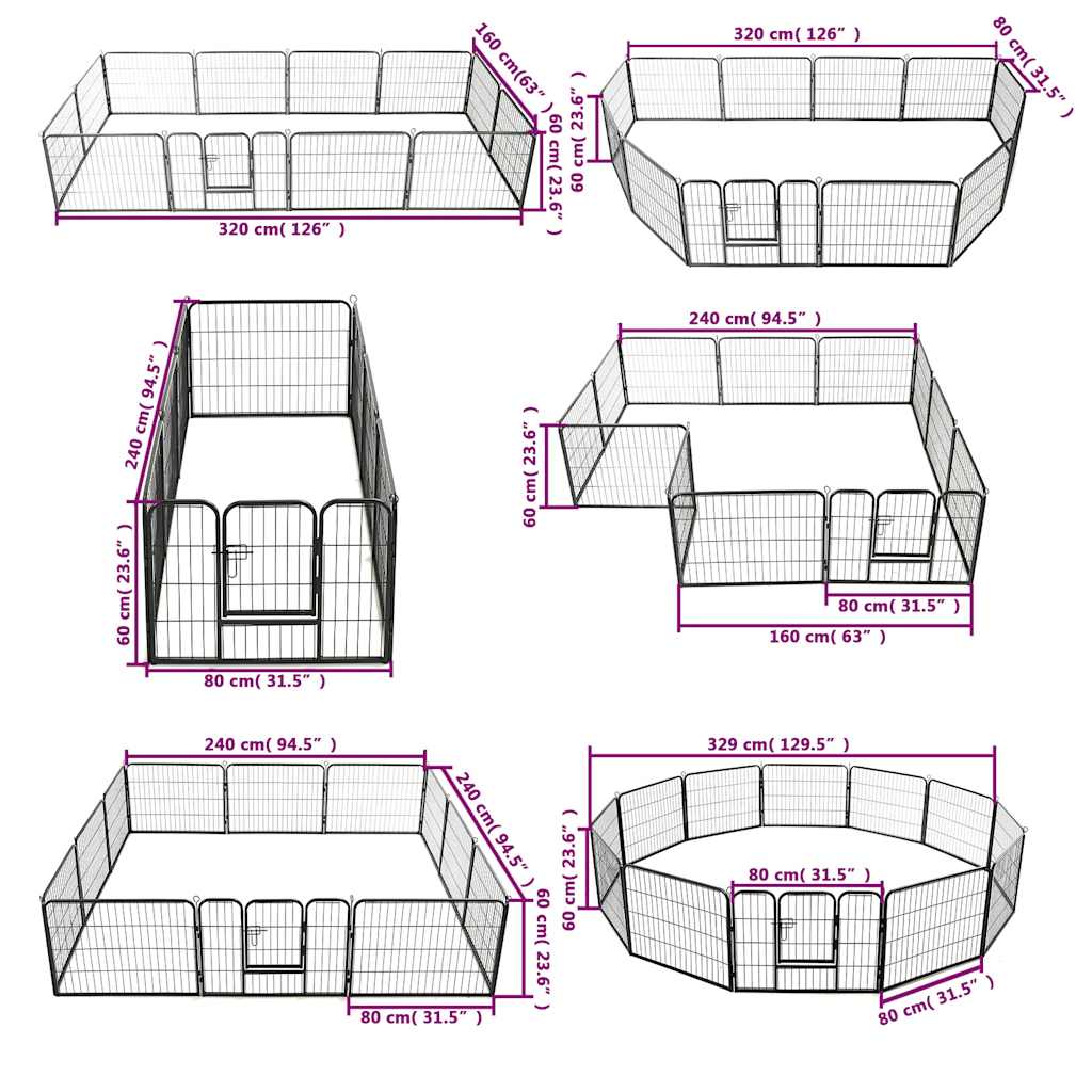Hondenren met 12 panelen 80x60 cm staal zwart