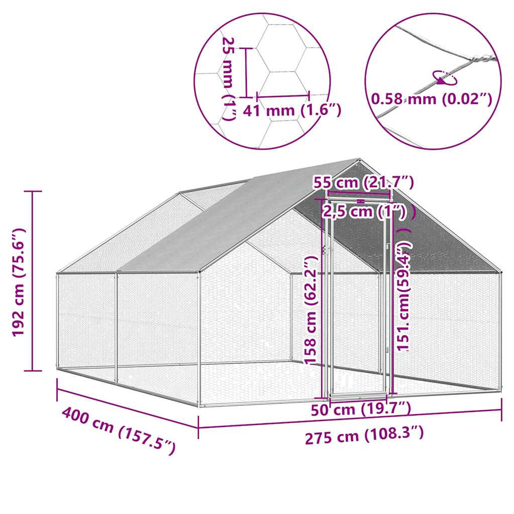 Kippenhok 2,75x4x1,92 m gegalvaniseerd staal
