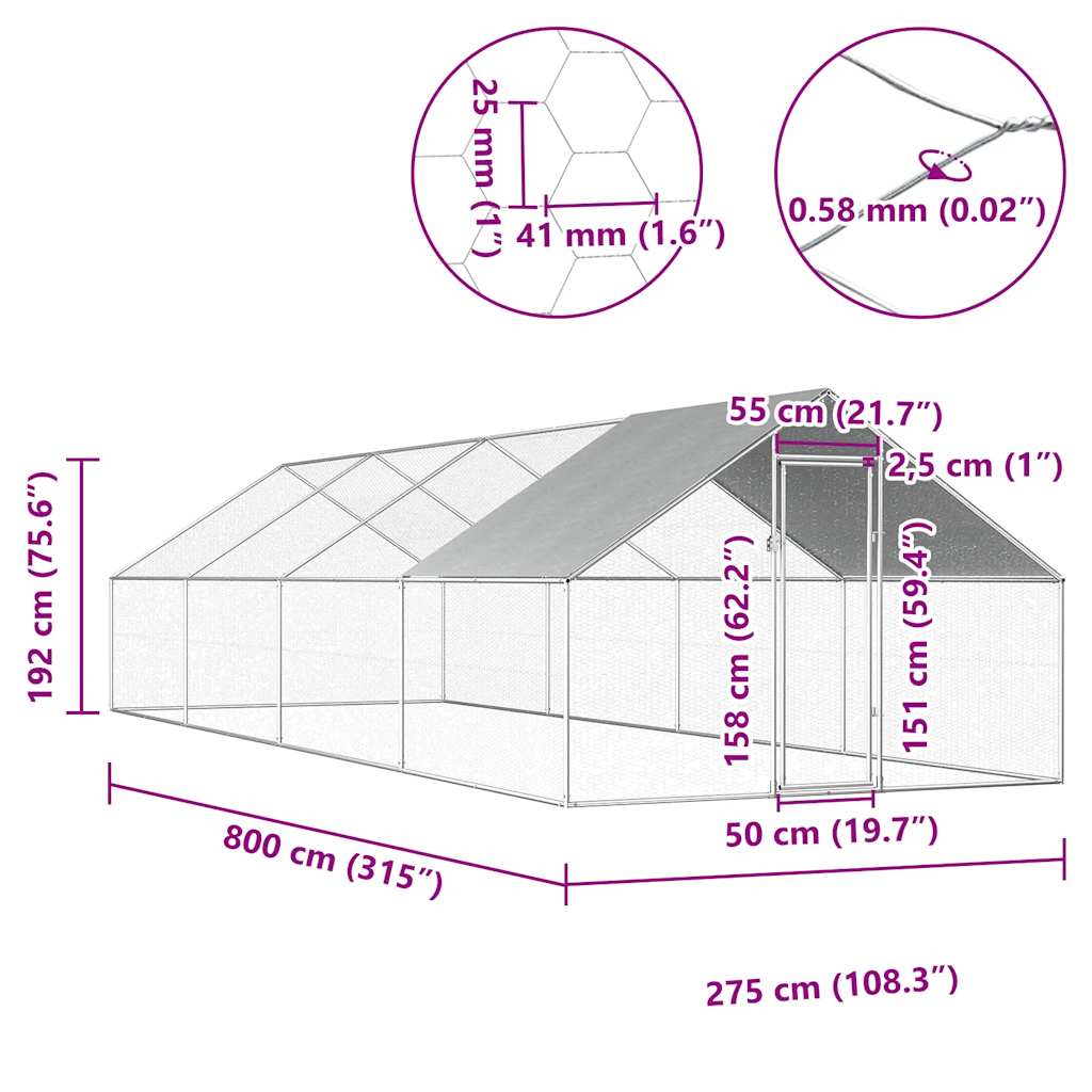 Kippenhok 2,75x8x1,92 m gegalvaniseerd staal