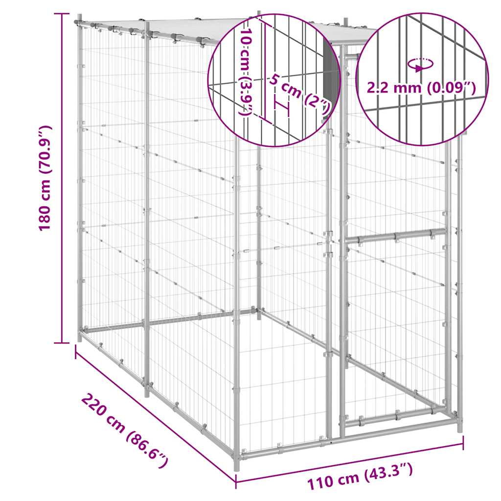 Hondenkennel buiten met dak 110x220x180 cm gegalvaniseerd staal
