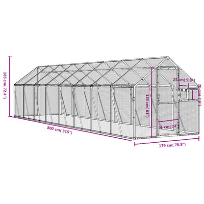 Volière 1,79x8x1,85 m aluminium zilverkleurig