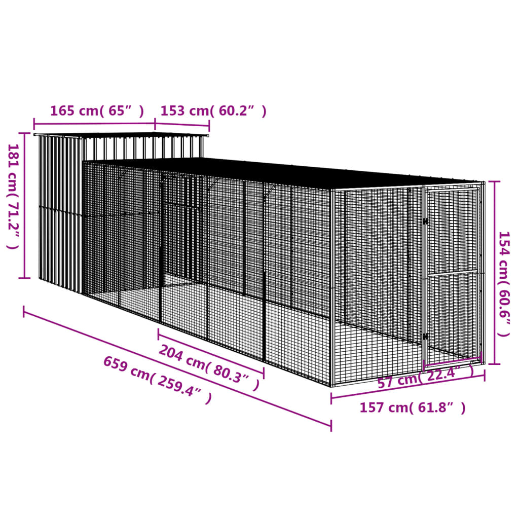 Kippenhok met ren 165x659x181 cm gegalvaniseerd staal antraciet