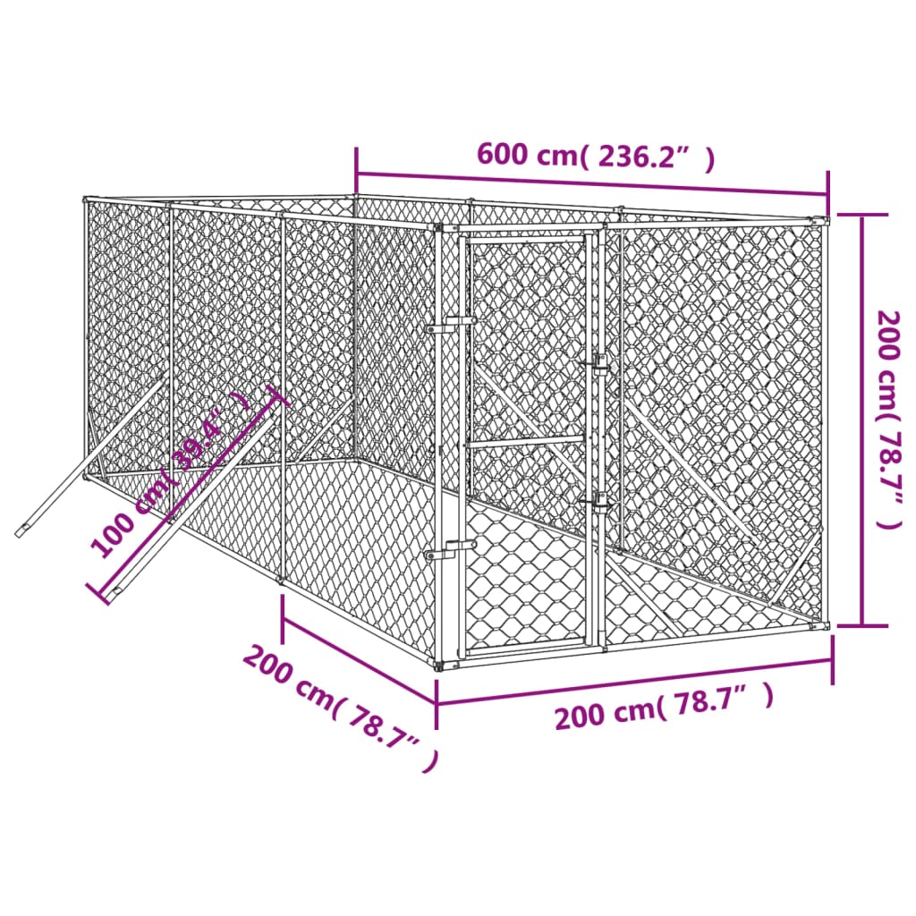 Hondenkennel voor buiten 2x6x2 m gegalvaniseerd staal zilver