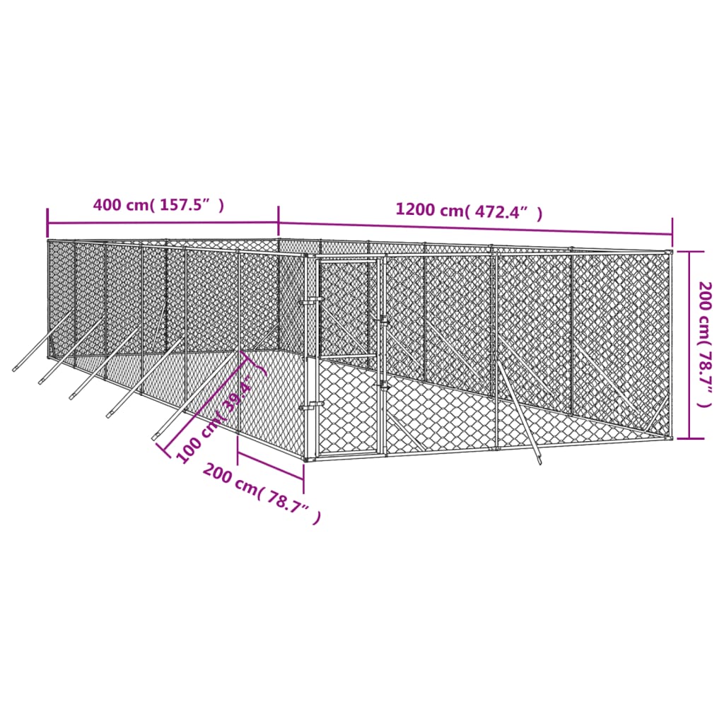 Hondenkennel voor buiten 4x12x2 m gegalvaniseerd staal zilver