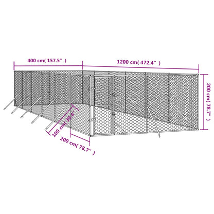 Hondenkennel voor buiten 4x12x2 m gegalvaniseerd staal zilver