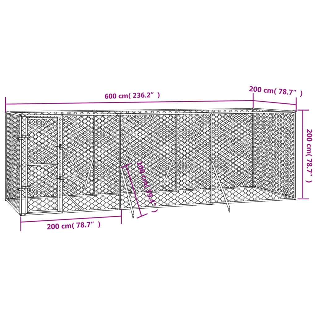 Hondenkennel voor buiten 6x2x2 m gegalvaniseerd staal zilver
