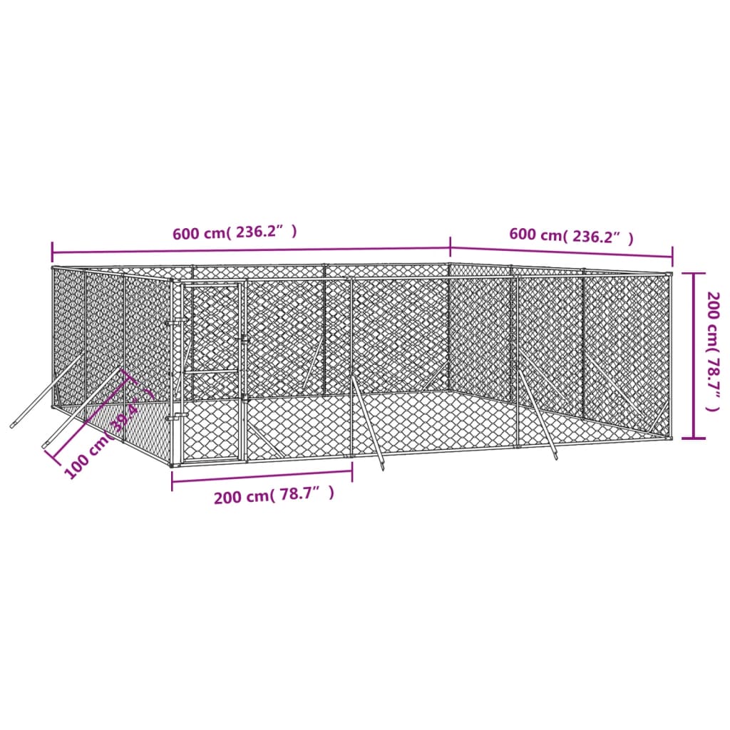 Hondenkennel voor buiten 6x6x2 m gegalvaniseerd staal zilver