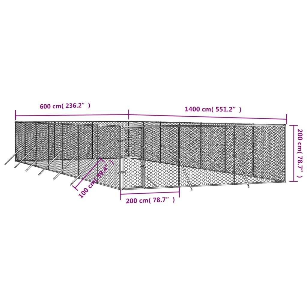 Hondenkennel voor buiten 6x14x2 m gegalvaniseerd staal zilver