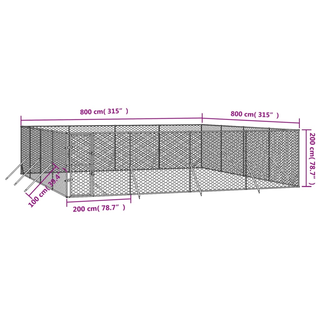 Hondenkennel voor buiten 8x8x2 m gegalvaniseerd staal zilver
