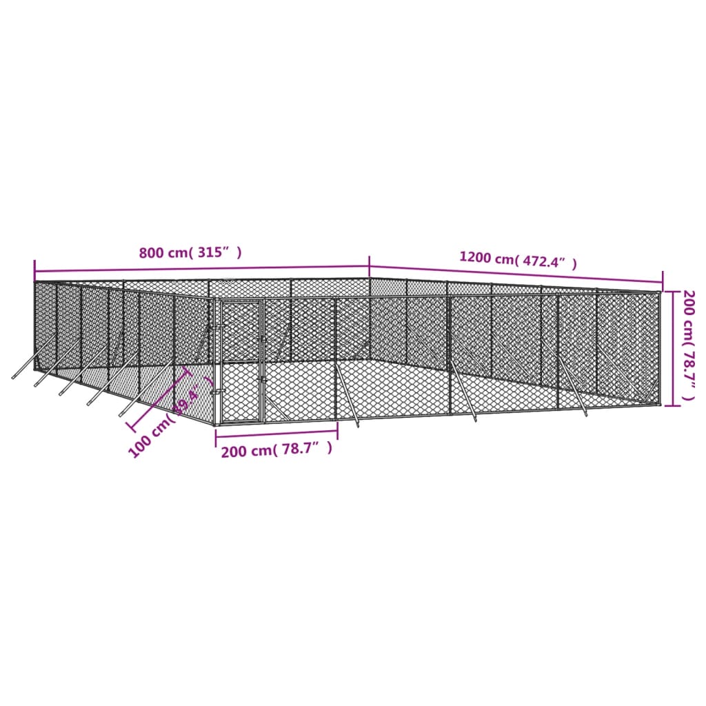 Hondenkennel voor buiten 8x12x2 m gegalvaniseerd staal zilver