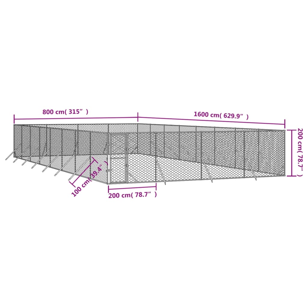 Hondenkennel voor buiten 8x16x2 m gegalvaniseerd staal zilver
