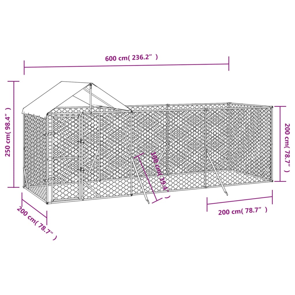 Hondenkennel met dak 6x2x2,5 m gegalvaniseerd staal zilverkleur