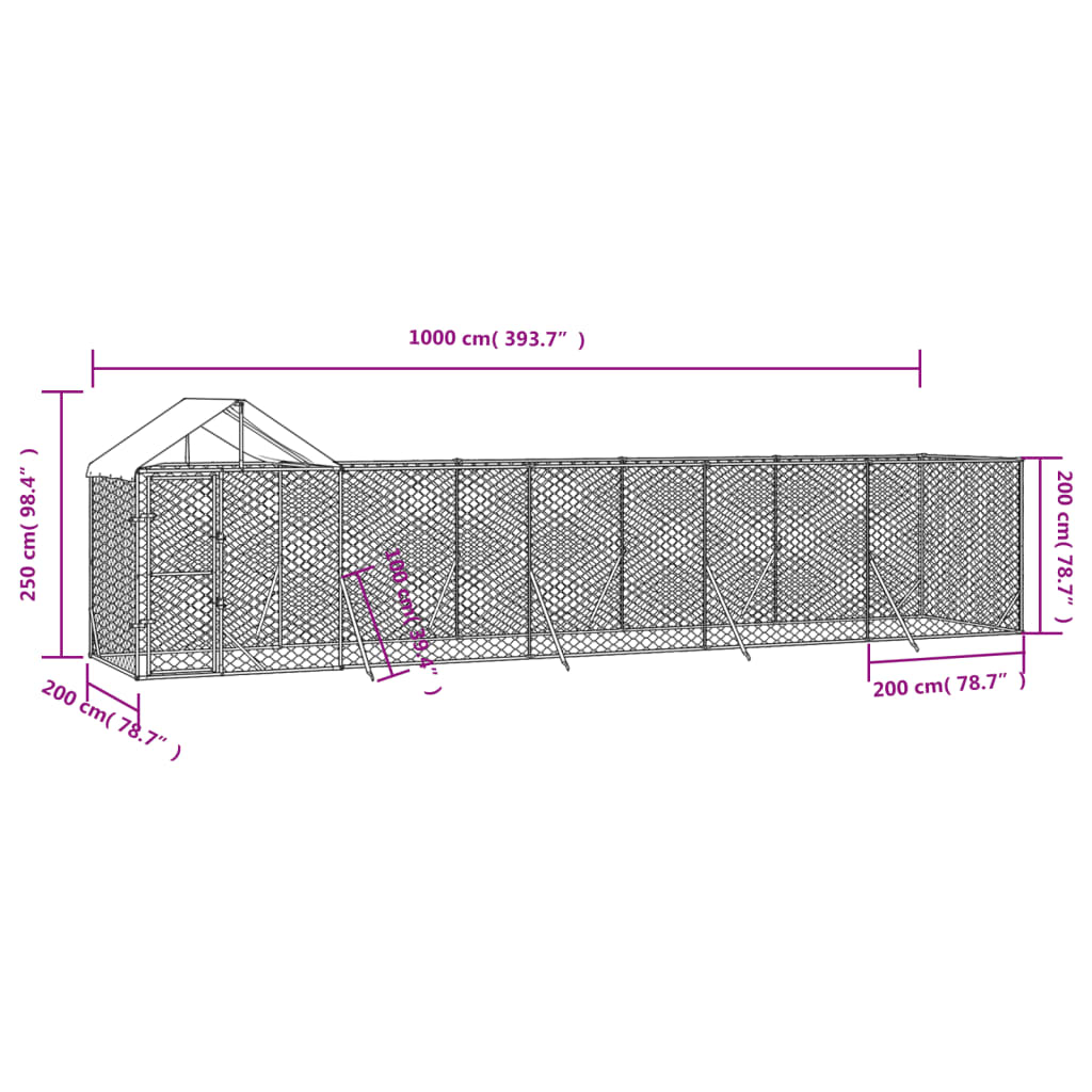 Hondenkennel met dak 10x2x2,5 m gegalvaniseerd staal zilver