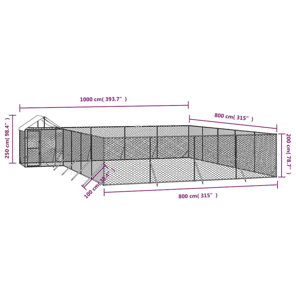 Hondenkennel met dak 10x8x2,5 m gegalvaniseerd staal zilver