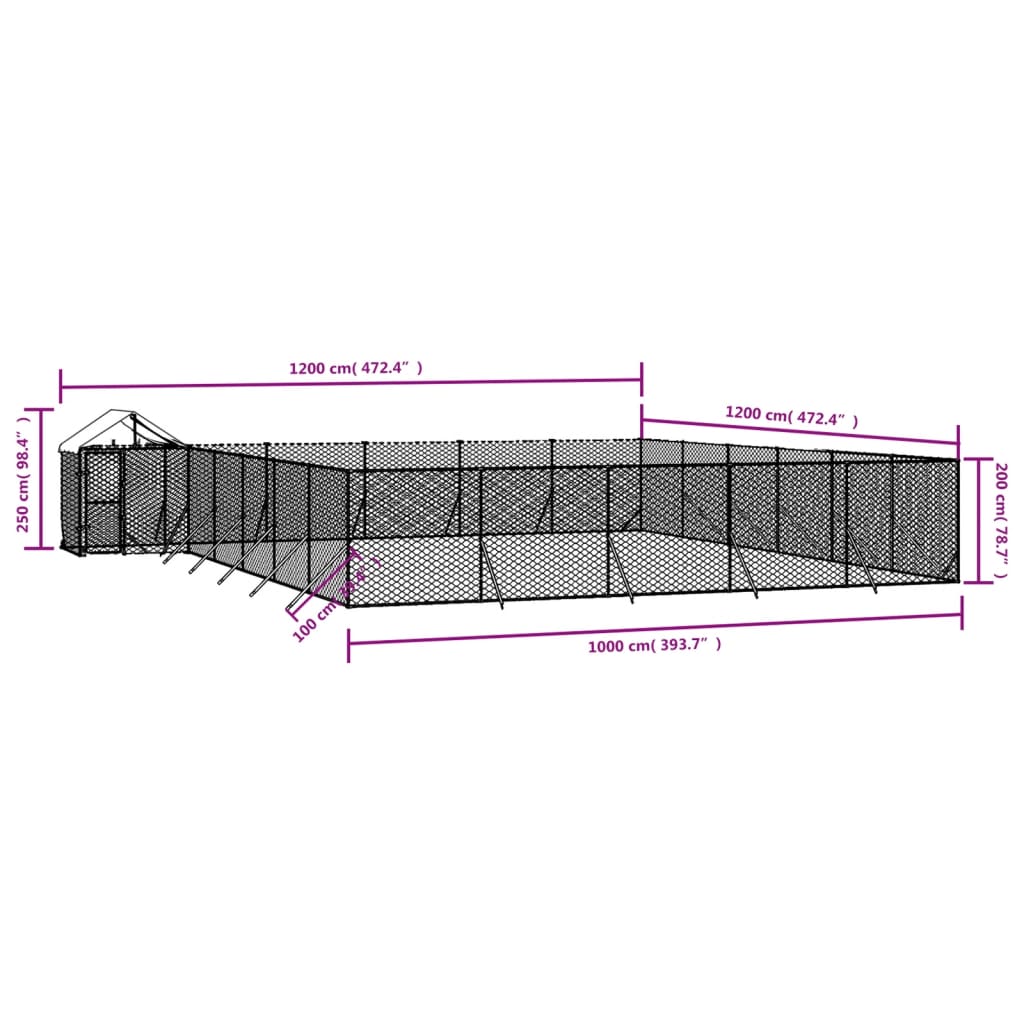 Hondenkennel met dak 12x12x2,5 m gegalvaniseerd staal zilver