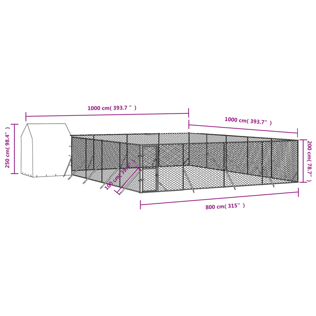 Hondenkennel met dak 10x10x2,5 m gegalvaniseerd staal zilver