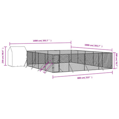 Hondenkennel met dak 10x10x2,5 m gegalvaniseerd staal zilver