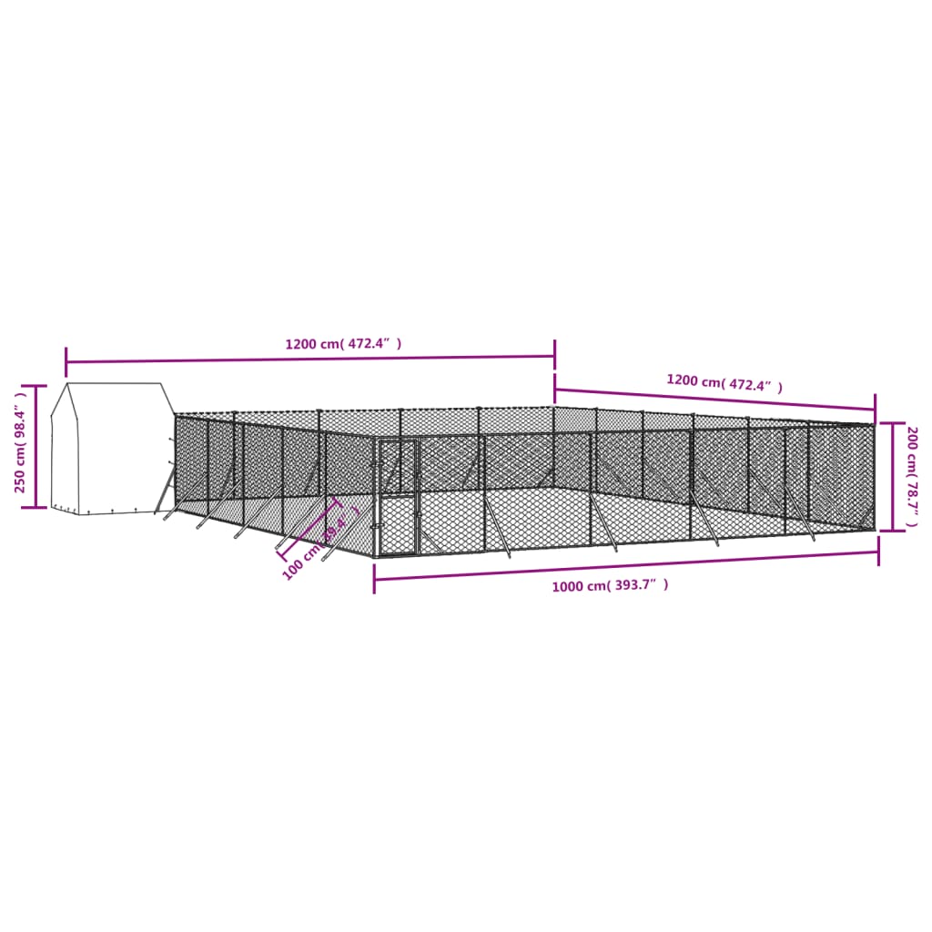 Hondenkennel met dak 12x12x2,5 m gegalvaniseerd staal zilver