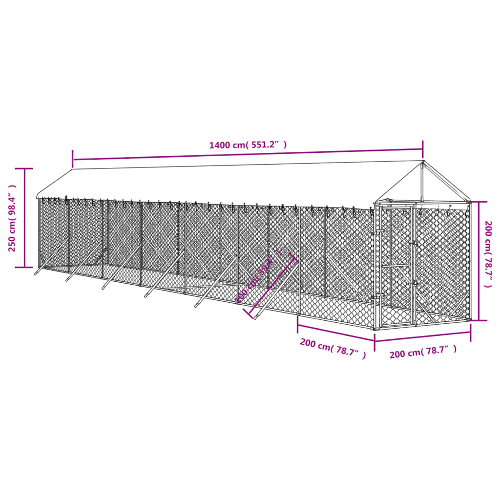 Hondenkennel met dak 2x14x2,5 m gegalvaniseerd staal zilver