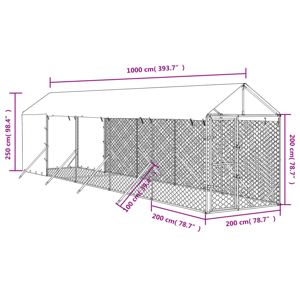 Hondenkennel met dak 2x10x2,5 m gegalvaniseerd staal zilver