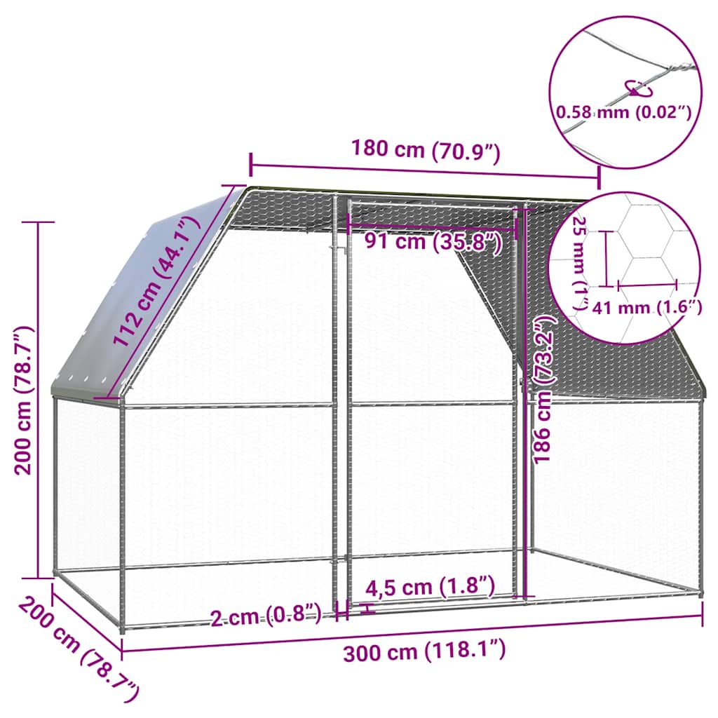Kippenkooi 3x2x2 m gegalvaniseerd staal zilverkleurig en grijs