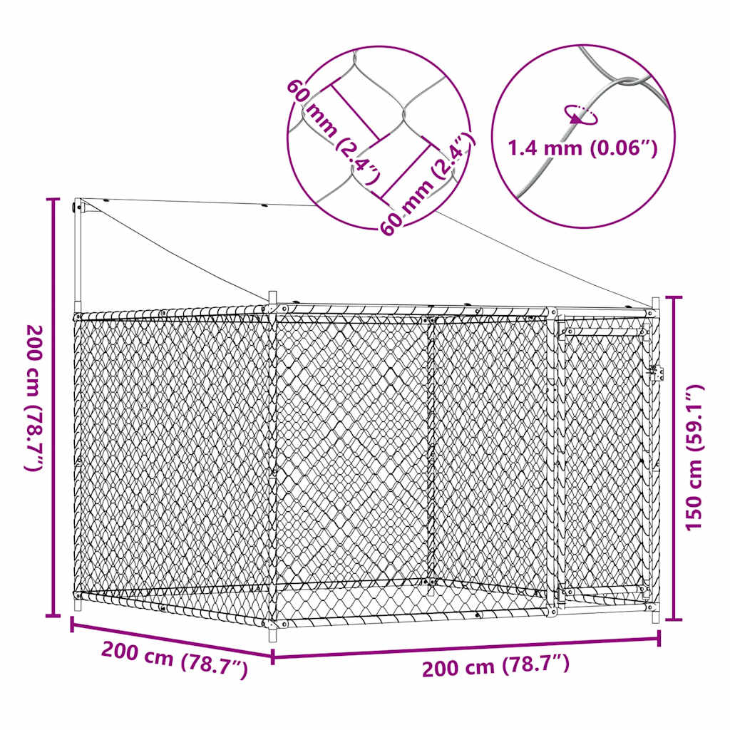 Hondenhok met dak en deur 2x2x2 m gegalvaniseerd staal grijs