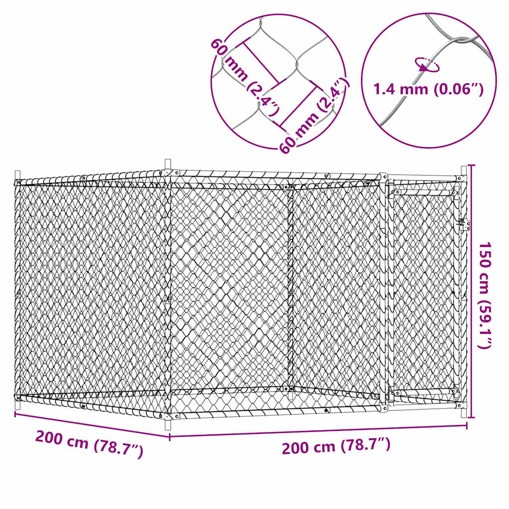 Hondenhok met deur 2x2x1,5 m gegalvaniseerd staal grijs