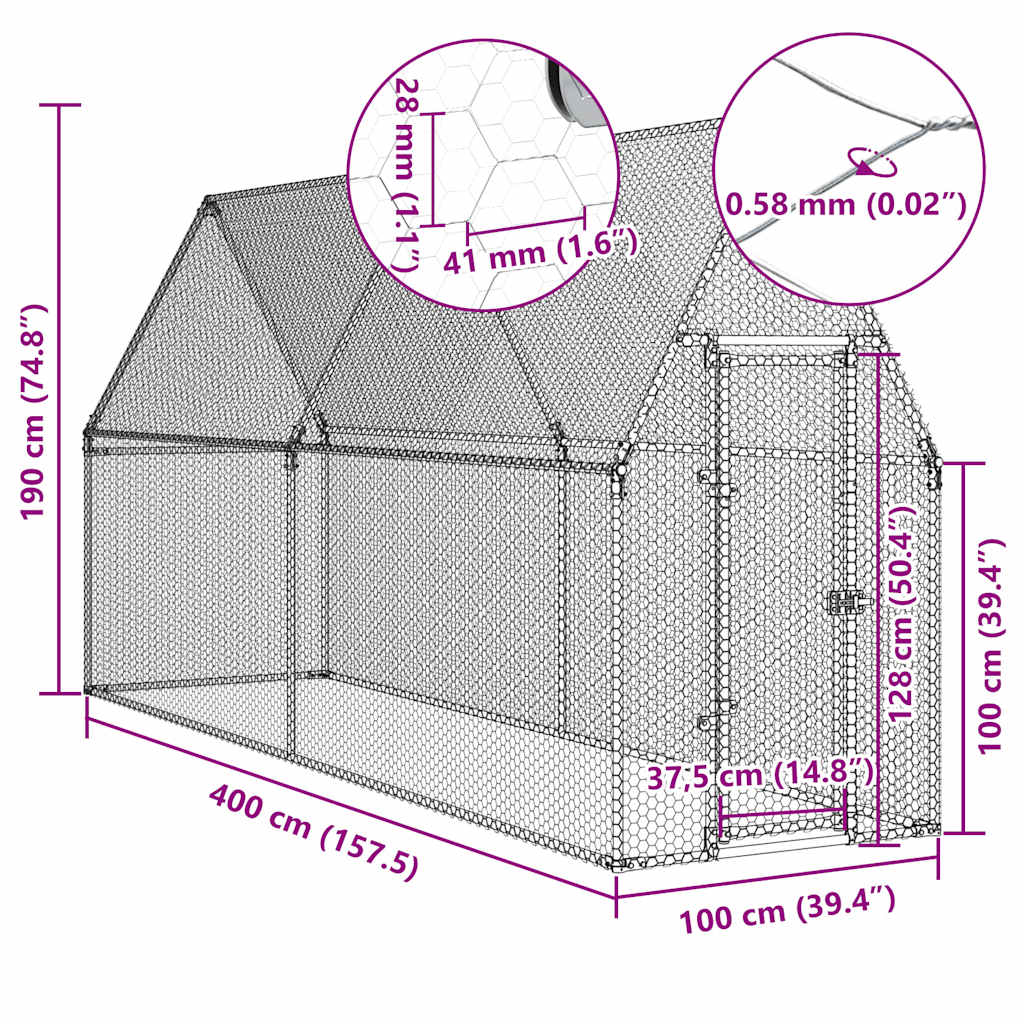 Kippenhok 400x100x190 cm gegalvaniseerd staal zilverkleurig