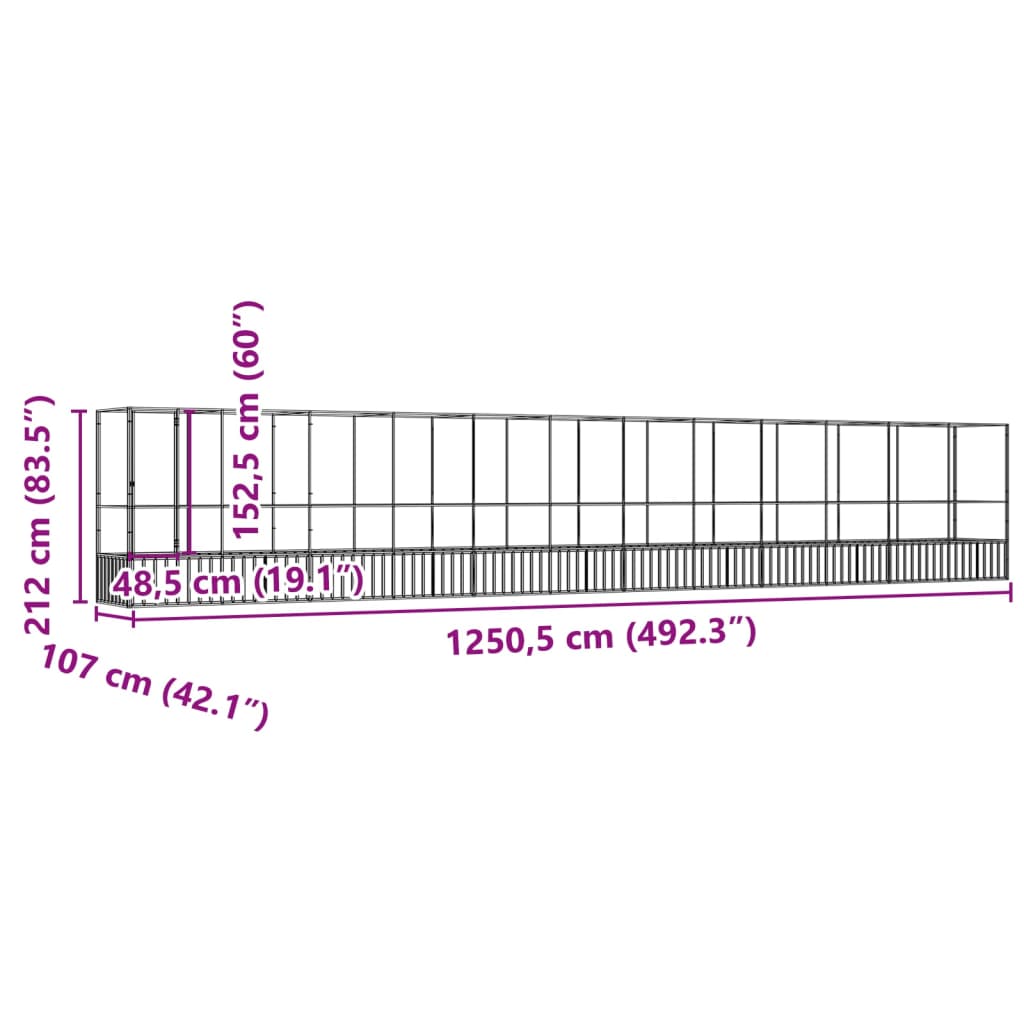 Volière met verlengstuk 1250,5x107x212 m staal zilverkleurig